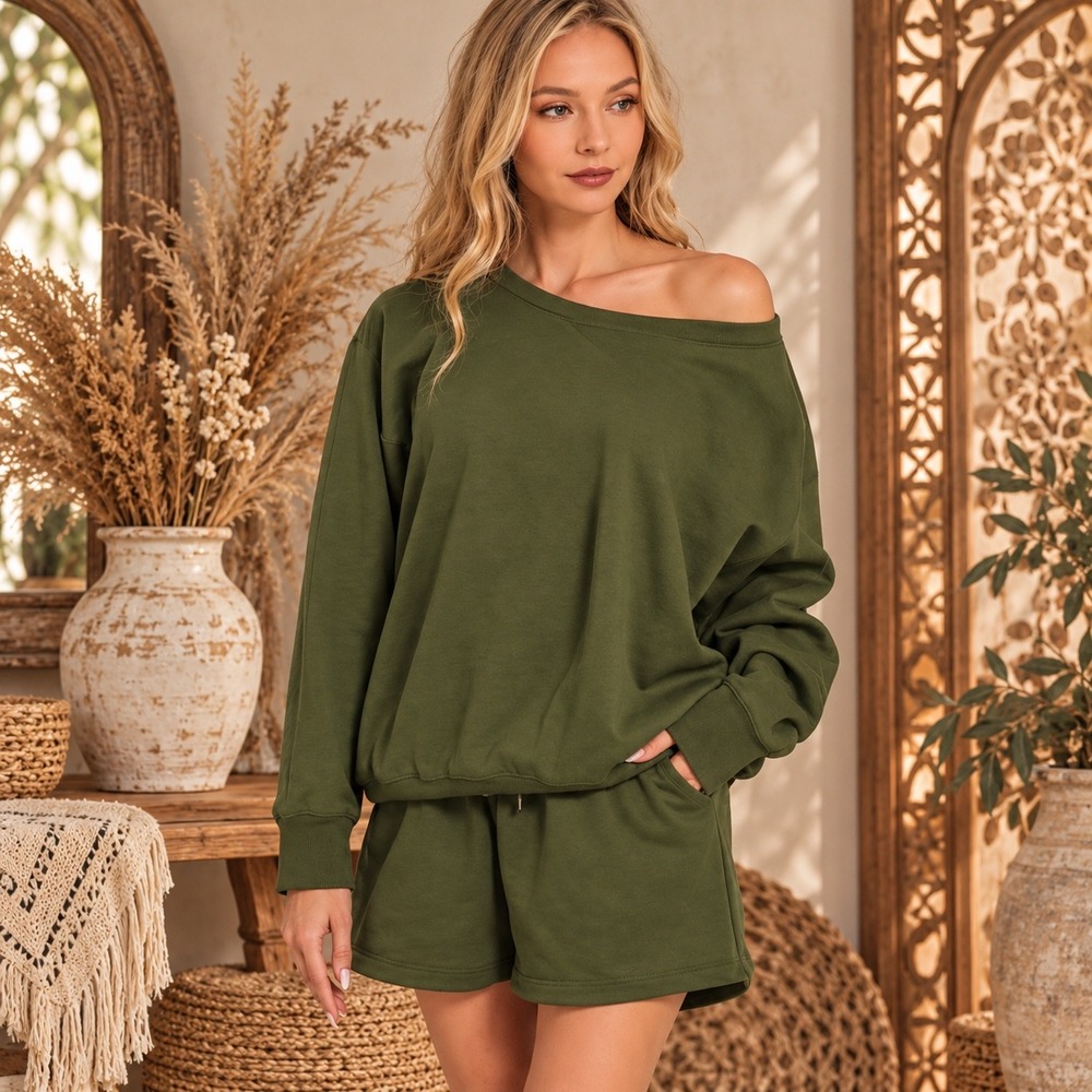 Olive Green Off Shoulder Sweatshirt and Shorts 2 Piece Loungewear Set